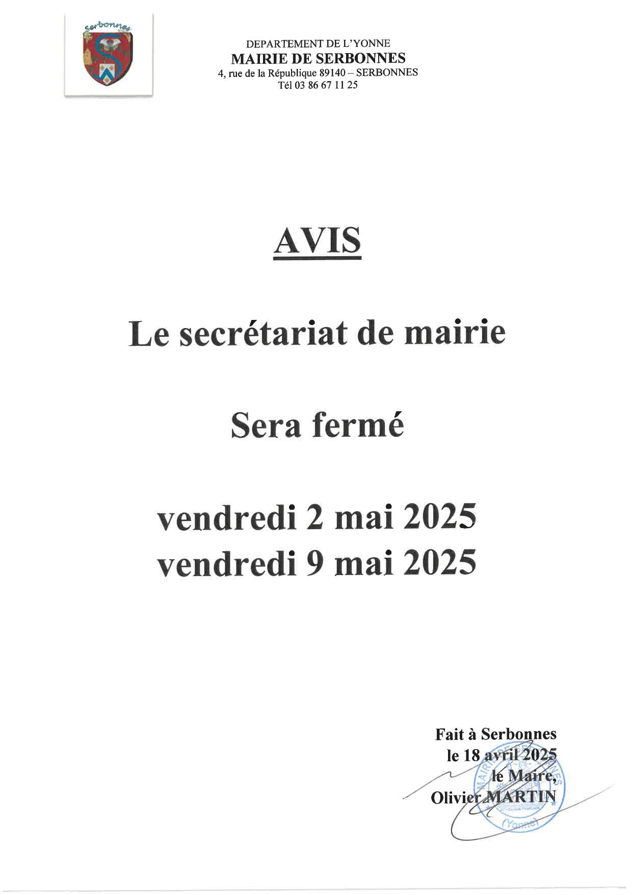 Avis fermeture mairie 02 et 09 mai 2025 page 0001
