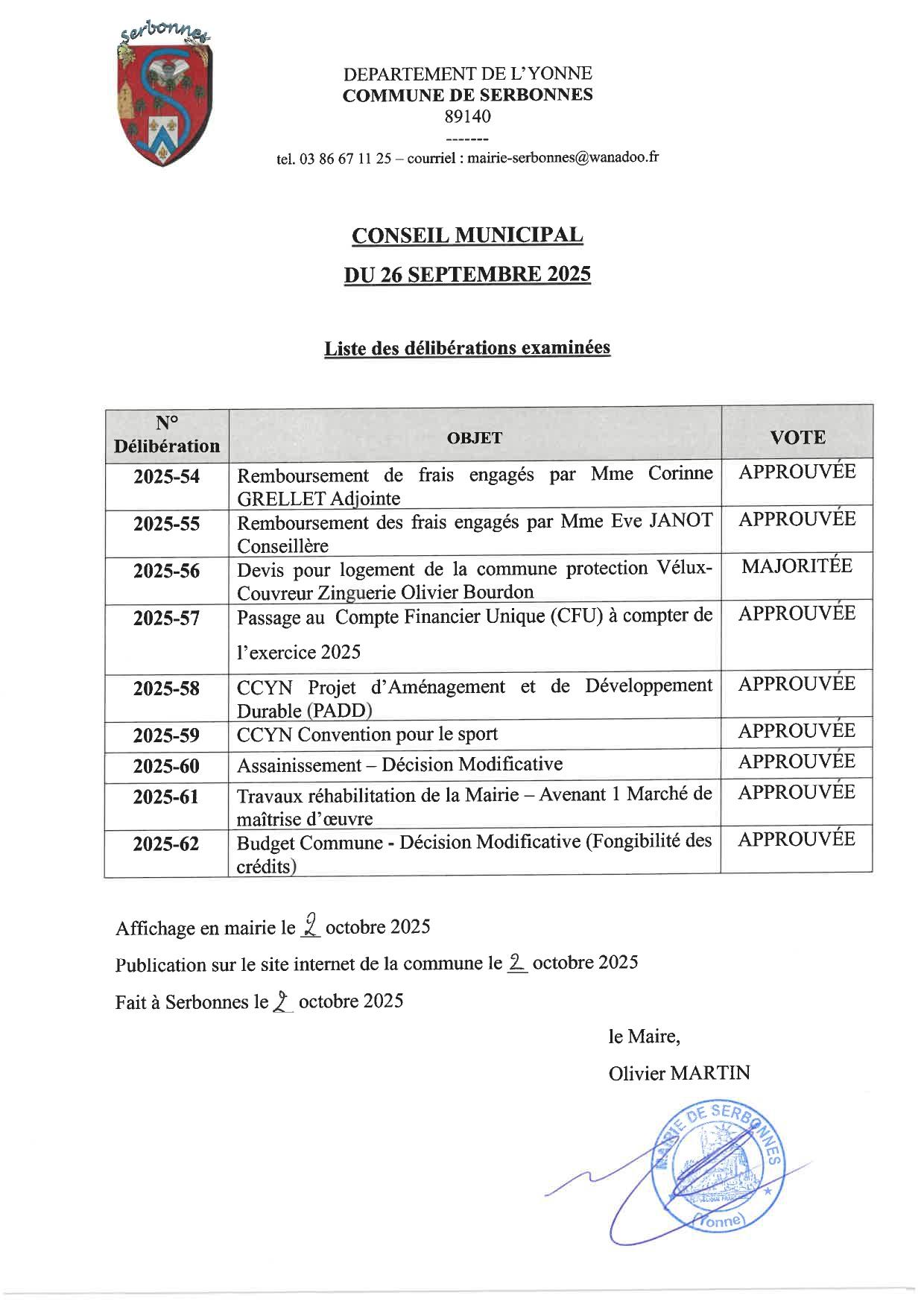 Liste des deliberations cm 26 09 2025 page 0001